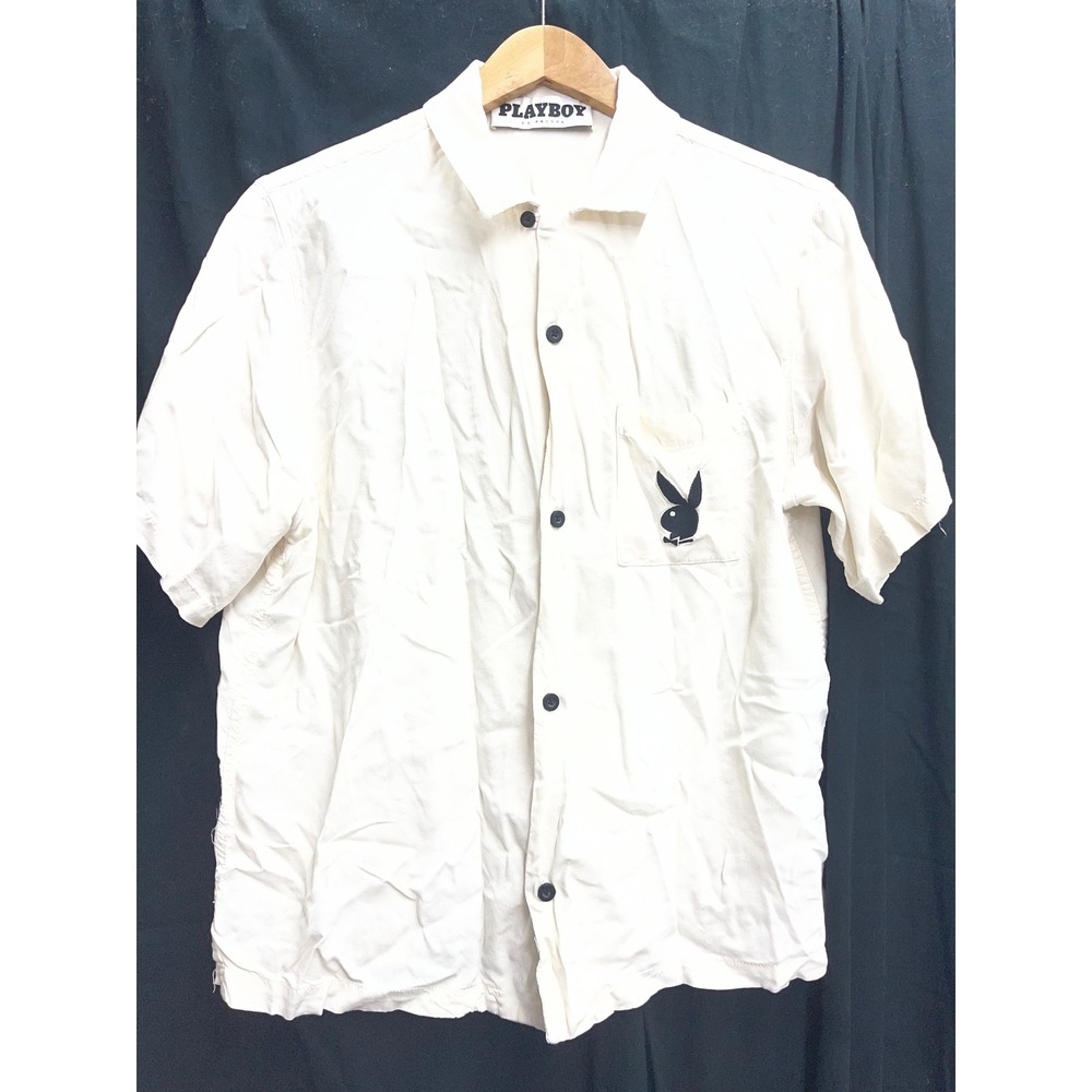 Playboy by PacSun Mens Cream Locals Only Skeleton Graphic Button Down Shirt M